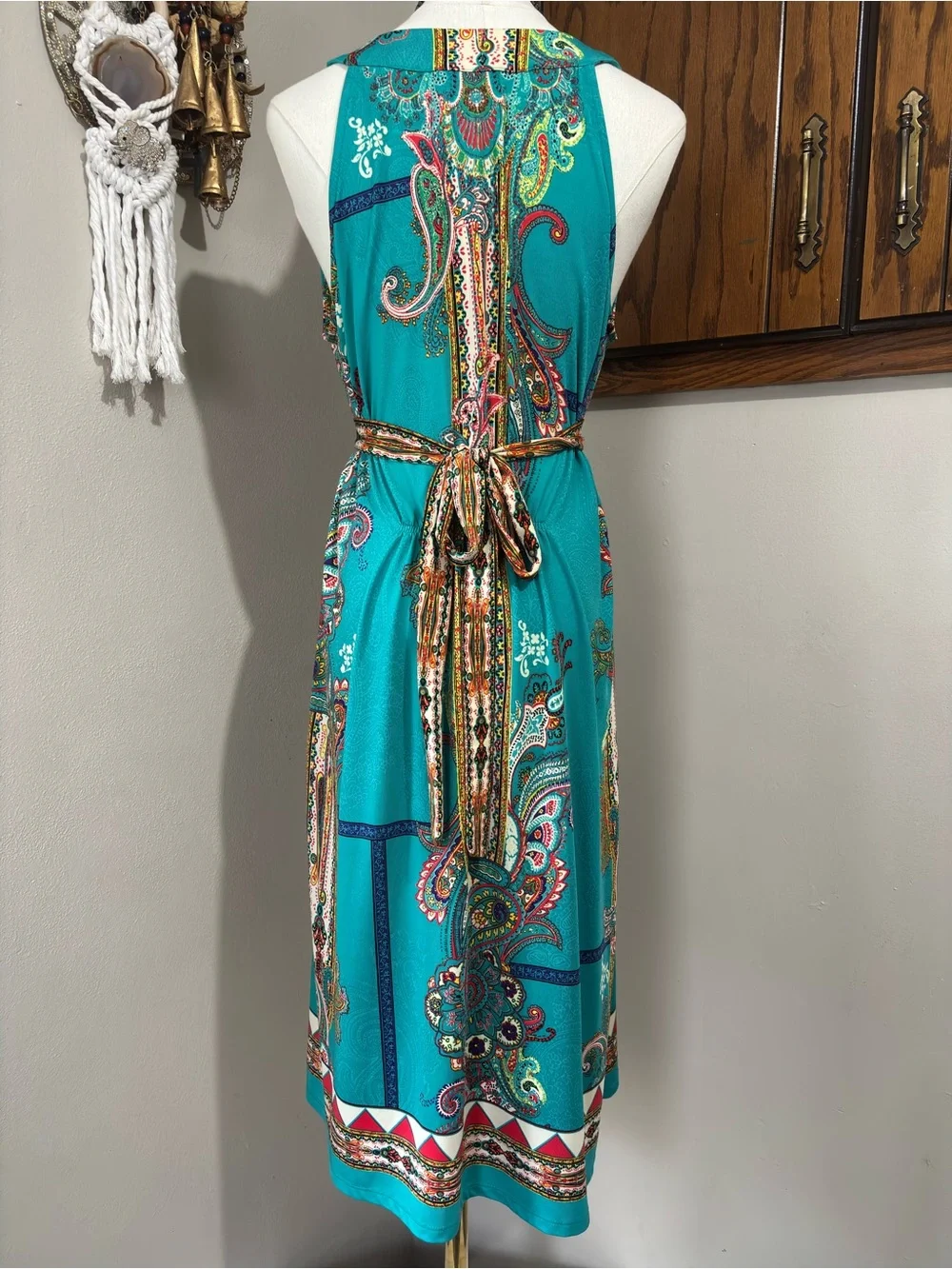ICE Vtg Beaded Waist Flowy Midi Dress V Neck Size 12 Teal Paisley Boho Chic - Picture 6 of 9